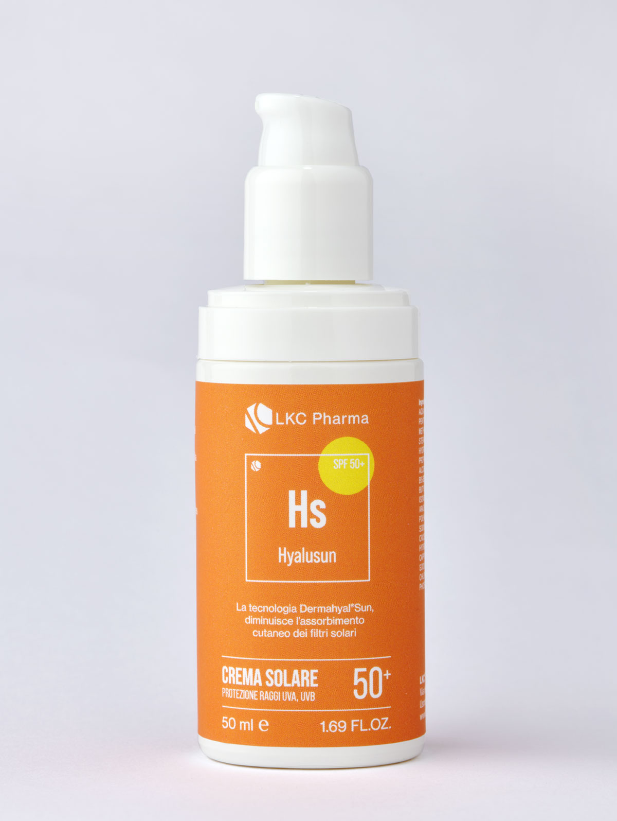 Foto del prodotto Hyalusun® SPF 50+ flacone cilindrico da 50ml con dosatore. Il design grafico dell’etichetta è minimalista, con uno sfondo arancione e testi in bianco, conferendo un aspetto professionale e farmaceutico.