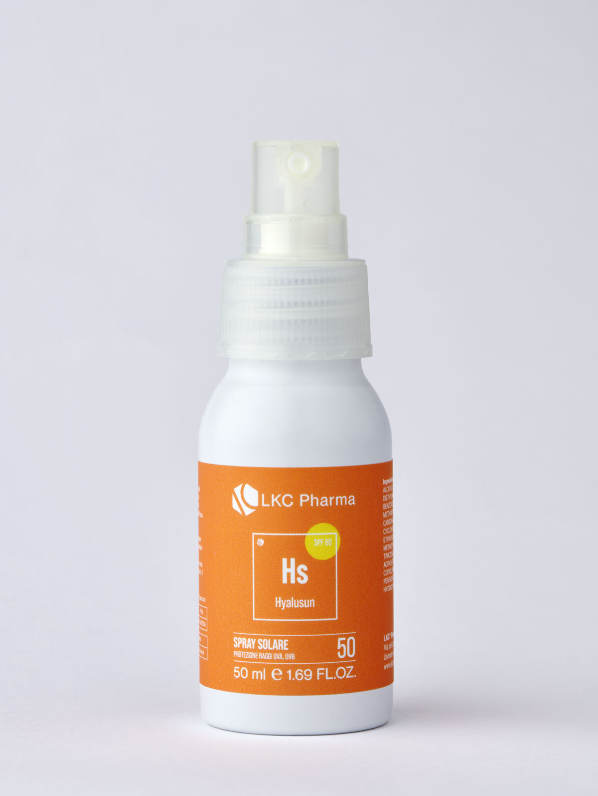 Foto del prodotto Hyalusun® Spray Solare SPF 50 flacone cilindrico da 50ml. Il design grafico dell’etichetta è minimalista, con uno sfondo arancione e testi in bianco, conferendo un aspetto professionale e farmaceutico.